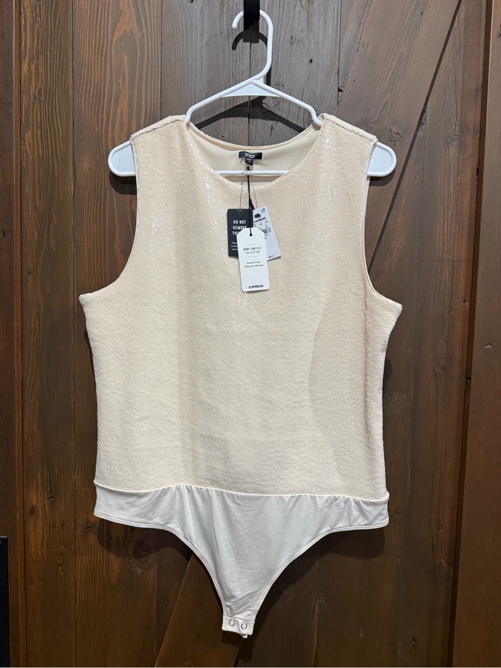 Express Cream Sequin Sleeveless Textured Bodysuit Top